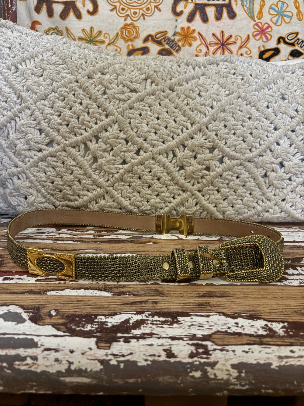 Gold Braided Chain Belt with Leather Trim - Designer Style Xs